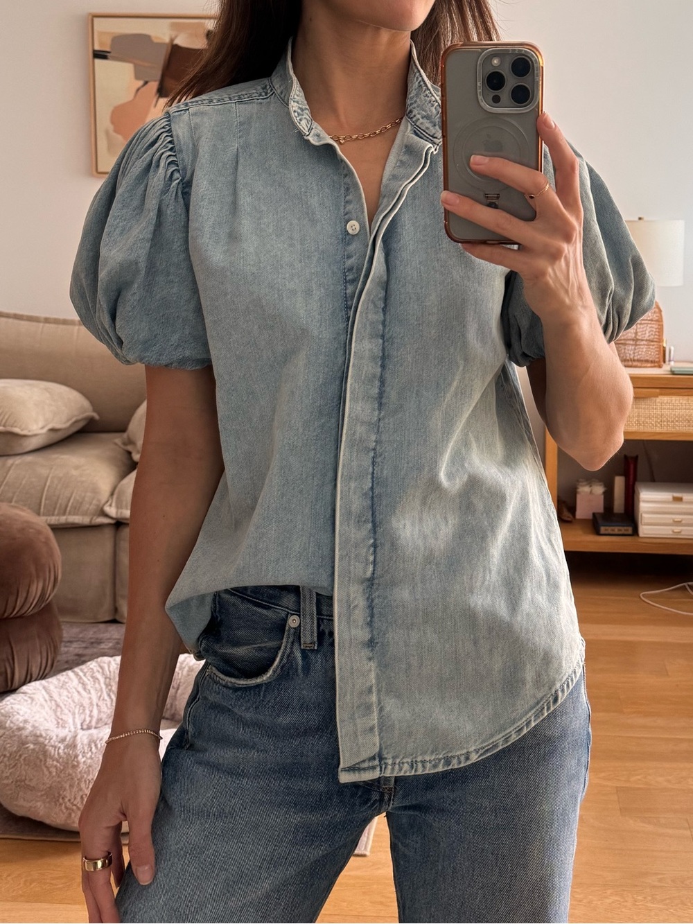 Frame Denim Light Wash Puff Sleeve Denim Shirt